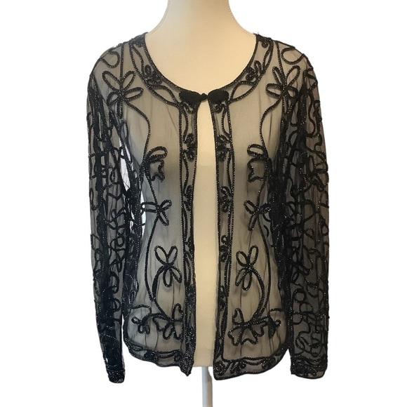 Dino Tops - Dino Black Sheer Long Sleeve Blouse With Embossed design / Size L